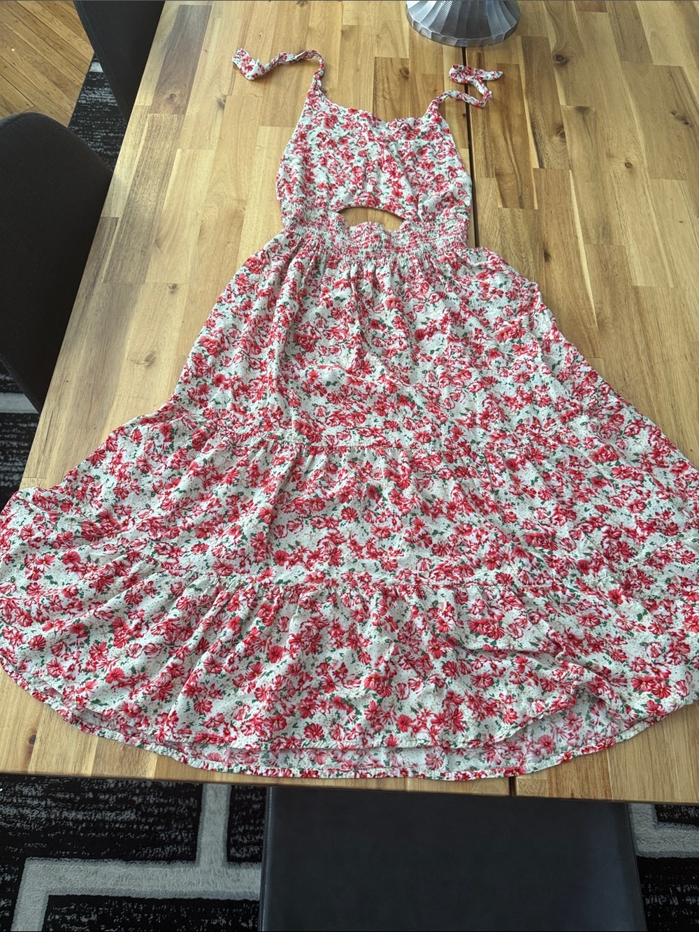Girls' Floral Tie-Shoulder Cutout Dress in Red and Cream